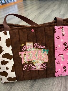 Brown and Pink Embroidered 'She's From Texas' Tote Bag